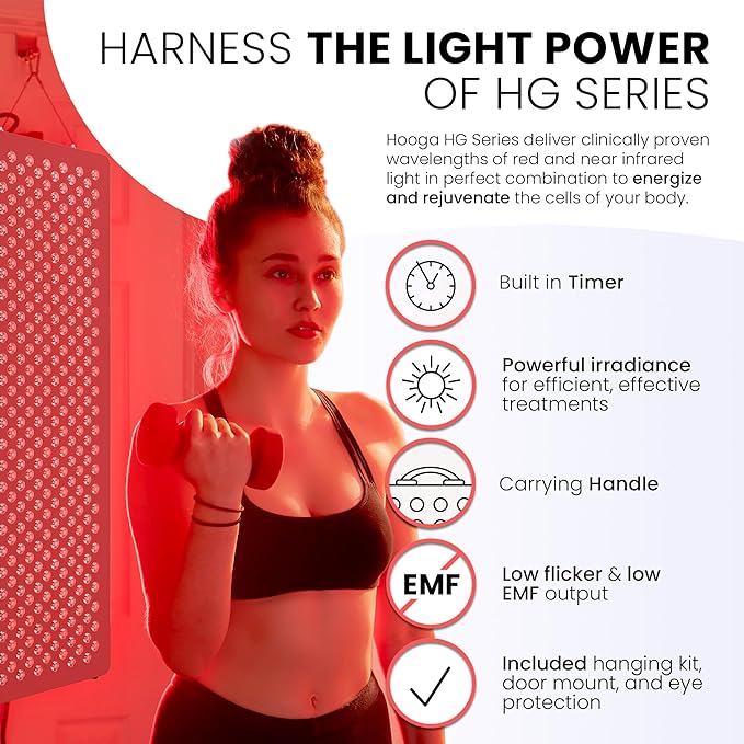 Hooga Red Light Therapy Panel for Face and Body, Red & Near Infrared LED Light with Timer and Stand, 60 High-Efficiency Low-Level LEDs (<5 mW), Flicker-Free Wellness and Recovery Device – HG300.