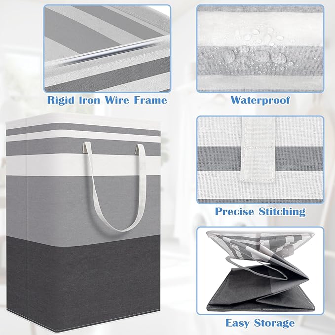 BlissTotes 3-Pack Laundry Basket, Freestanding＆Waterproof Laundry Hamper, Collapsible Tall Clothes Hamper with Easy Carry Handles for Clothes, Towels in the Family and Dorm,Gradient Grey,125L