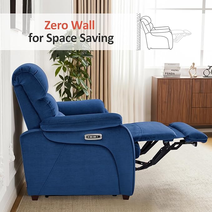 MCombo 61.6'' Wall Hugger Power Loveseat Recliner, Reclining Loveseat with Adjustable Headrest, USB Charge Ports, Wood Legs for Living Room, RVs, Small Spaces, Fabric ST258M1 (Loveseat, Navy Blue)