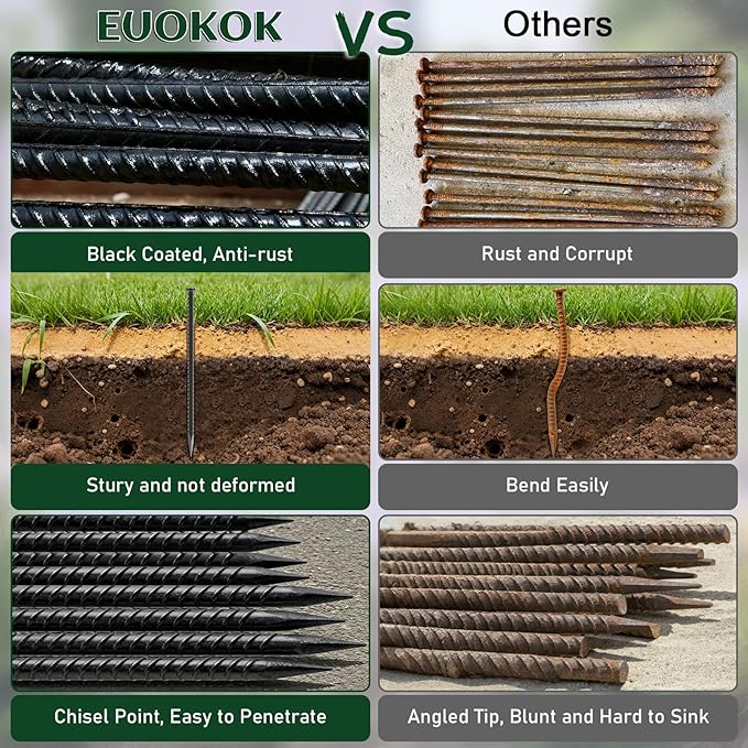 EUOKOK 16 Inch Rebar Stakes - 1/2 Inch Diameter Galvanized Steel Ground Anchors Plant Support Metal Garden Stake Heavy Duty Anchoring Spikes for Speed Bump, Parking Curb and Camping Tent (10 Pack)