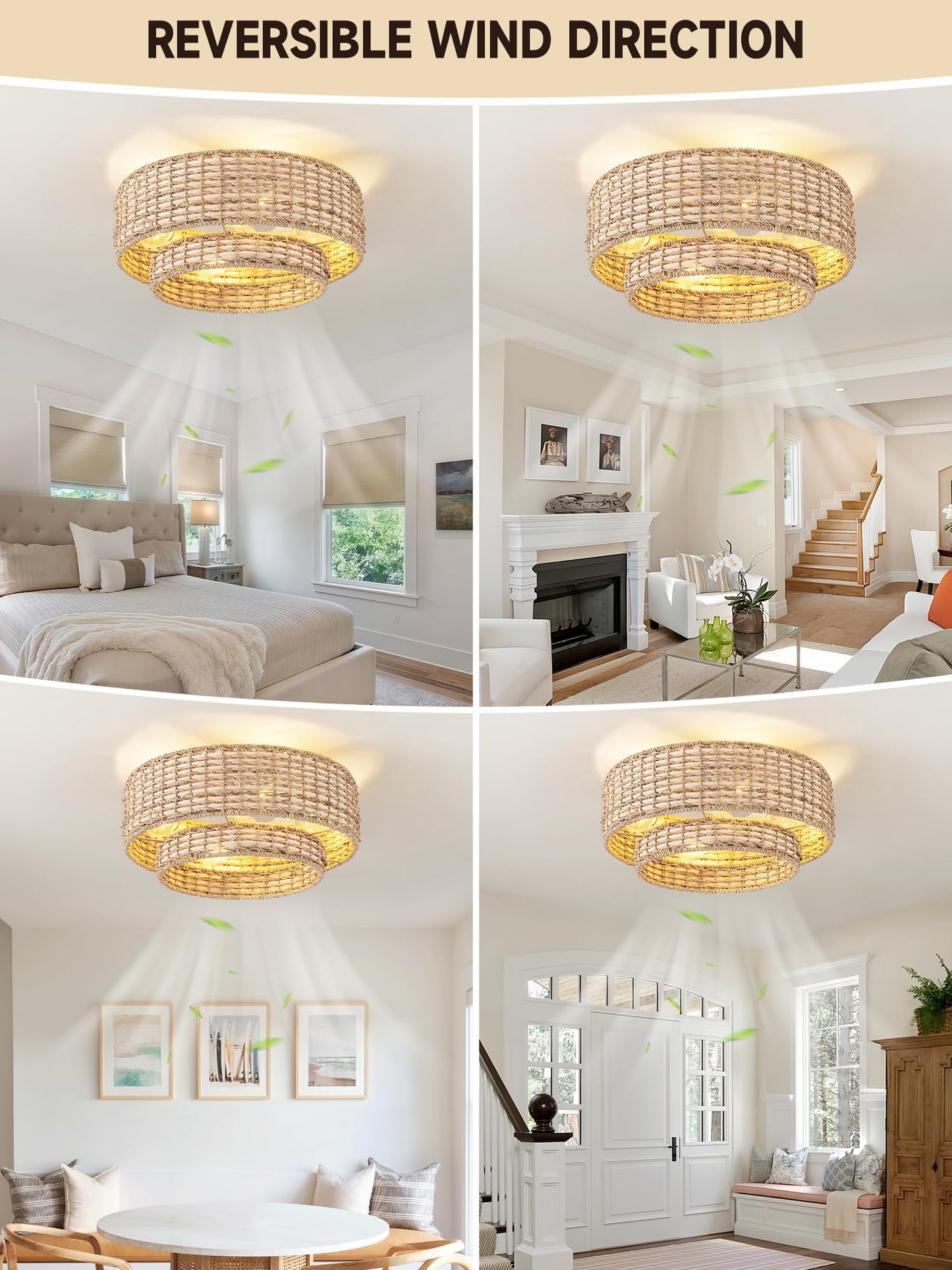Jughtbo Boho Caged Ceiling Fans With Lights Flush Mount, Layered Rattan Ceiling Fan With Light Remote Control With Reversible 6