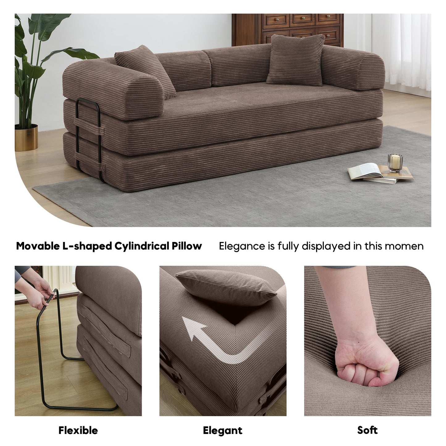 ZEIINPA Convertible Folding Mattress Couch, Comfy Corduroy Sleeper Floor Sofa Bed with Fixed-Shape Frame, Floor Sofa with Armrest, Lounge Couch for Living Room Bedroom Lounge Studio,Brown