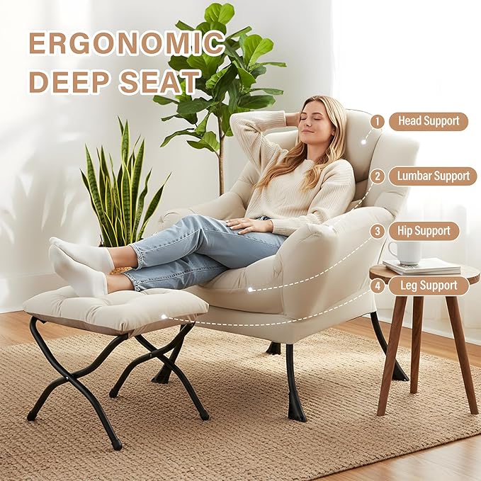 Furlide Lazy Chair with Ottoman, Comfy Fabric Accent Lounge Arm Chair with Lumbar Pillow and Folding Footrest, Reading Leisure Sofa Chair for Bedroom, Living Room, Dorm,Beige