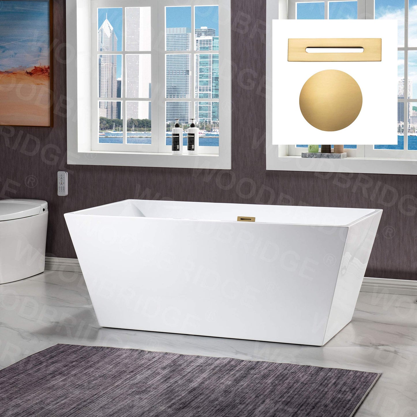 WOODBRIDGE 59" Acrylic Freestanding Bathtub Contemporary Soaking White Tub with Brushed Gold Overflow and Drain，BTA1412-BG-Drain&O