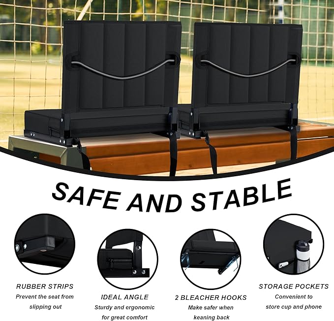 Aliphon Stadium Seat for Bleachers with Back Support and Cushion, Bleacher Seats with Shoulder Strap and Cup Holder, Padded Portable Folding Comfort Stadium Chair, for Sports Events, Black (1pcs)