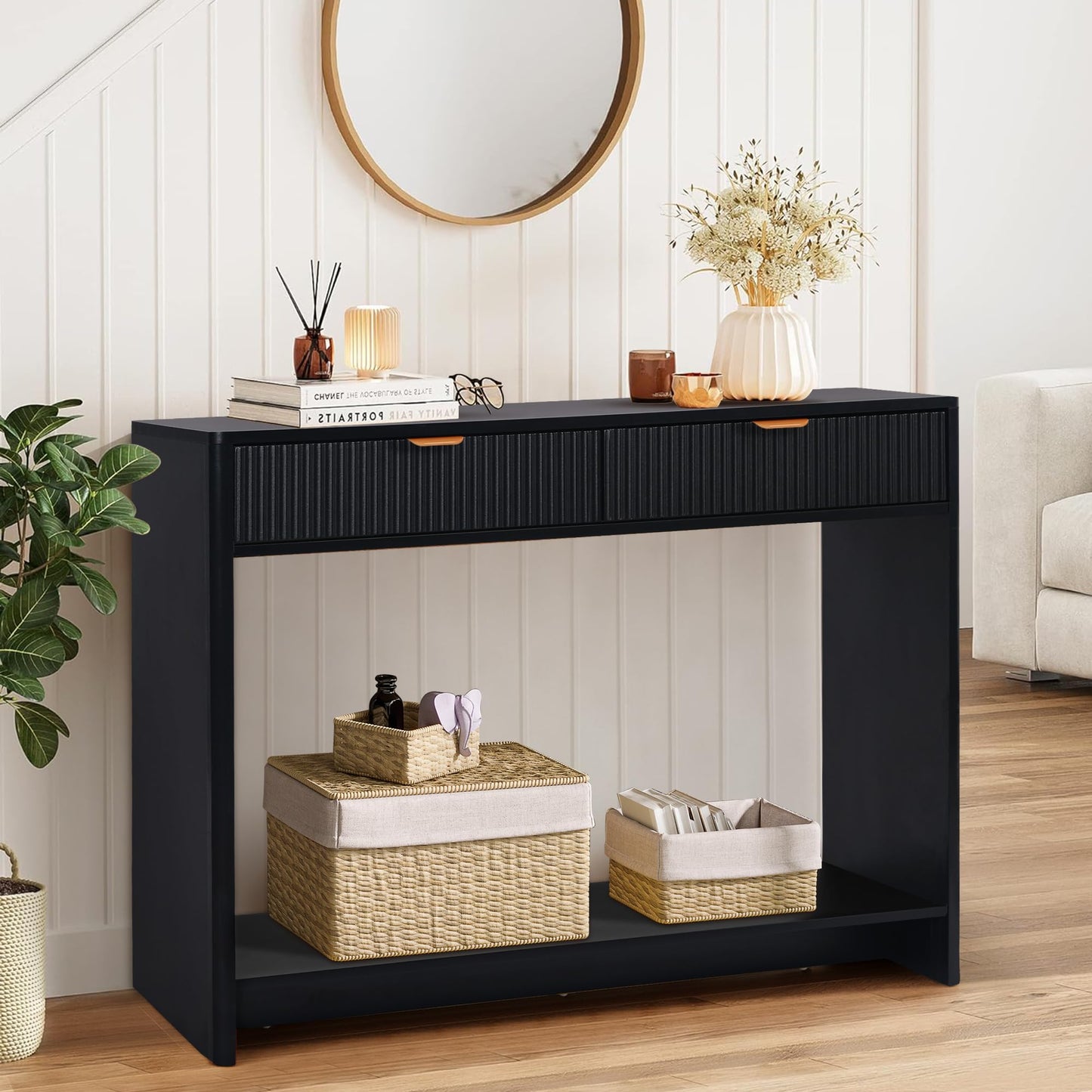 affeivul Entryway Table with Storage, Narrow Console Table with 2 Drawers, 43.3' Couch Table Behind Sofa Skinny for Living Room TV/Hallway Entrance Foyer, Mid Century Modern Black Fluted Console Table