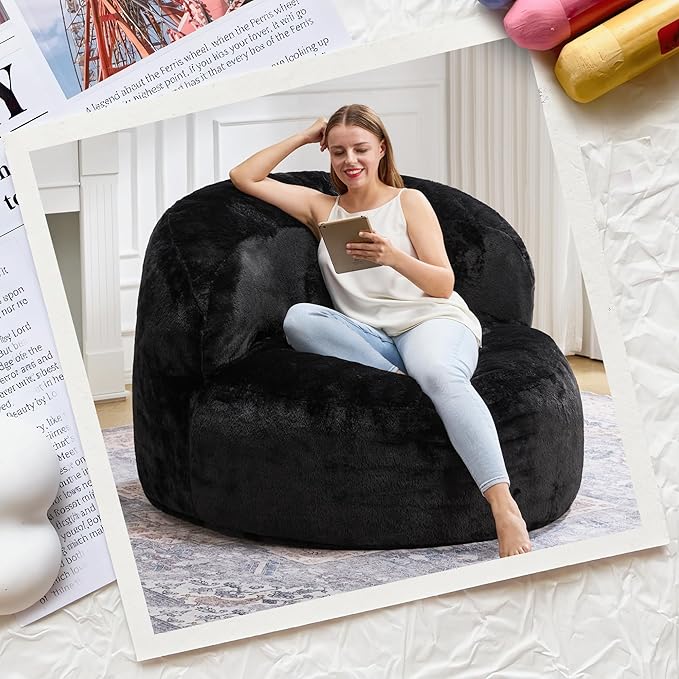 Hobestluk Bean Bag Chair Giant Bean Bag Chairs for Adults Big Bean Bag Chair with Memory Foam Filler Adults Large Beanbag with Faux Fur Cover for Bedroom(Plush Black,Oversize)