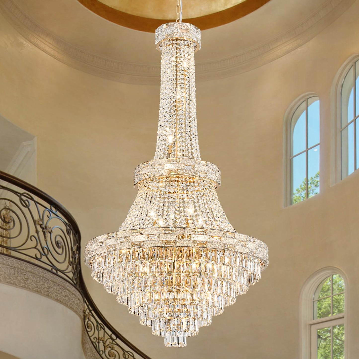 SHAOCHIAO 25-Light Gold Crystal Chandelier, 3-Layer High Ceiling Hanging Chandeliers Modern Large Chandeliers Light Fixture for High Ceilings,Entryway,Foyer,Staircase,Hallway,Living Room(H60 x D31)