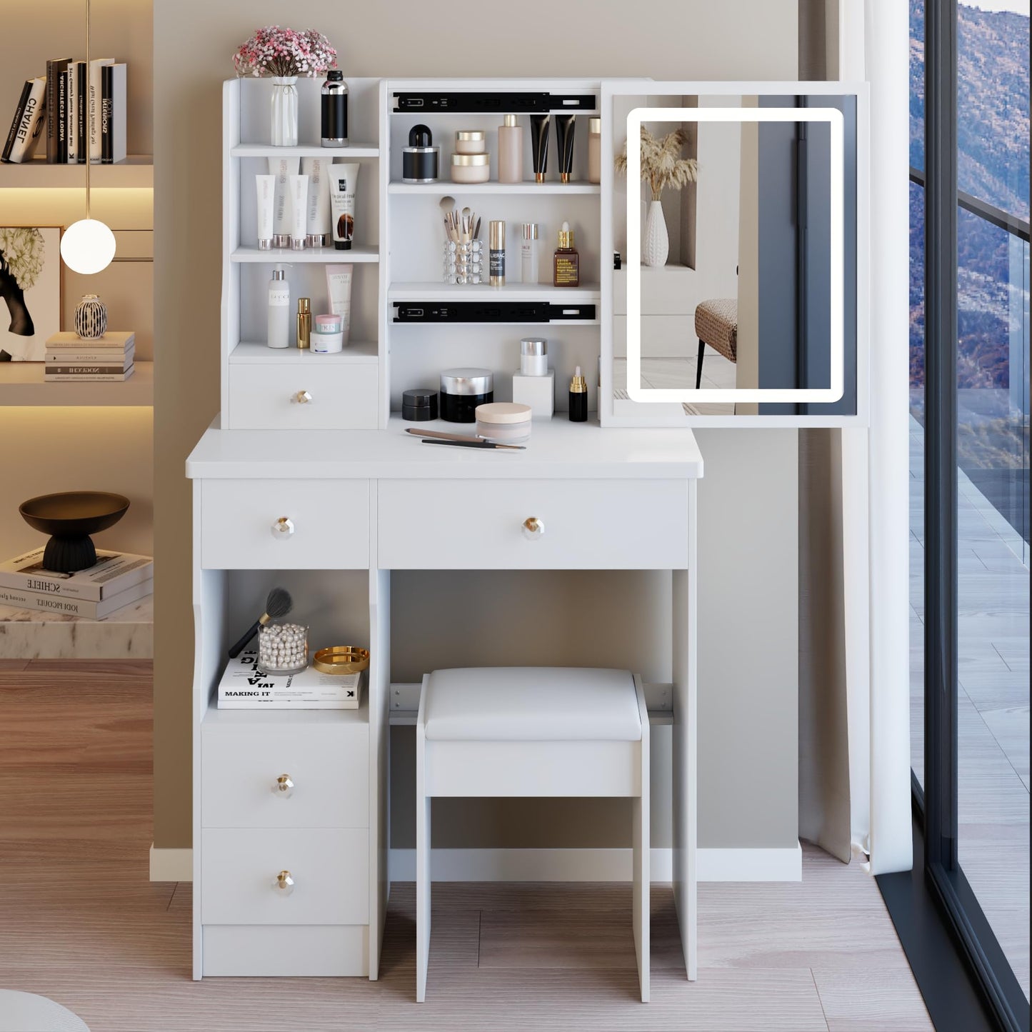 Zyerch Small Makeup Vanity Desk with Mirror and LED Lights, Small Vanity Desk with Storage Stool, 3-Mode Adjustable Lights, Compact Vanities with Storage Shelves Drawers，White
