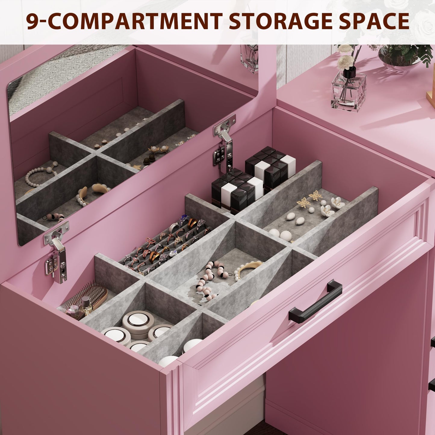 FOMNEY Farmhouse Vanity Desk with Flip Top Mirror, 43.3" W Makeup Vanity with Drawers, Storage Cabinet, Dressing Make Up Vanity Table for Bedroom, Wood Home Office Desk, Pink