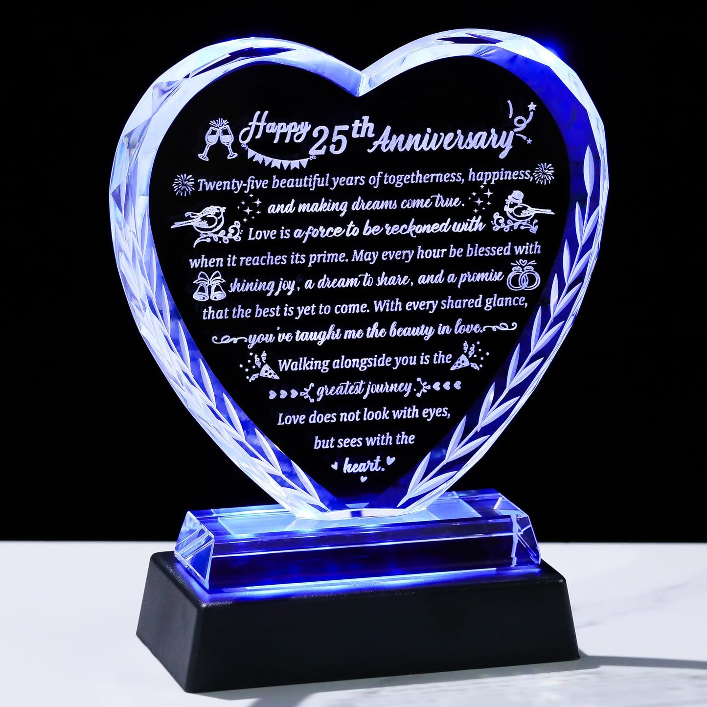 25th Wedding Anniversary Crystal Gifts for Couples, Romantic Heart Happy Silver Anniversary Keepsake Gift for Wife Husband with LED Light Base, 25 Years of Marriage for Her Him Party Decor