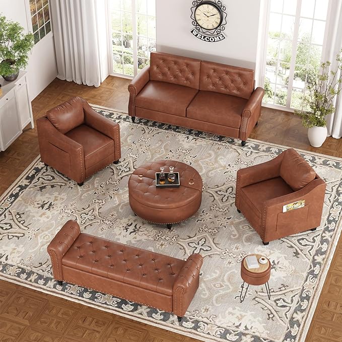 FiveWillowise Mid Century Modern Accent Chair, 30 Inches PU Leather Armchairs, Barrel Chair Living Room Chairs Club Chair with Cushion Reading Chair for Bedroom, Apartment, Reading Room, Brown