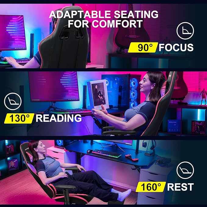 GTPLAYER Gaming Chair with Footrest, Ergonomic Computer Game Desk Chair, Reclining Game Chair Seat Height Adjustment, Swivel Rocker with Headrest and Lumbar (Colorful)