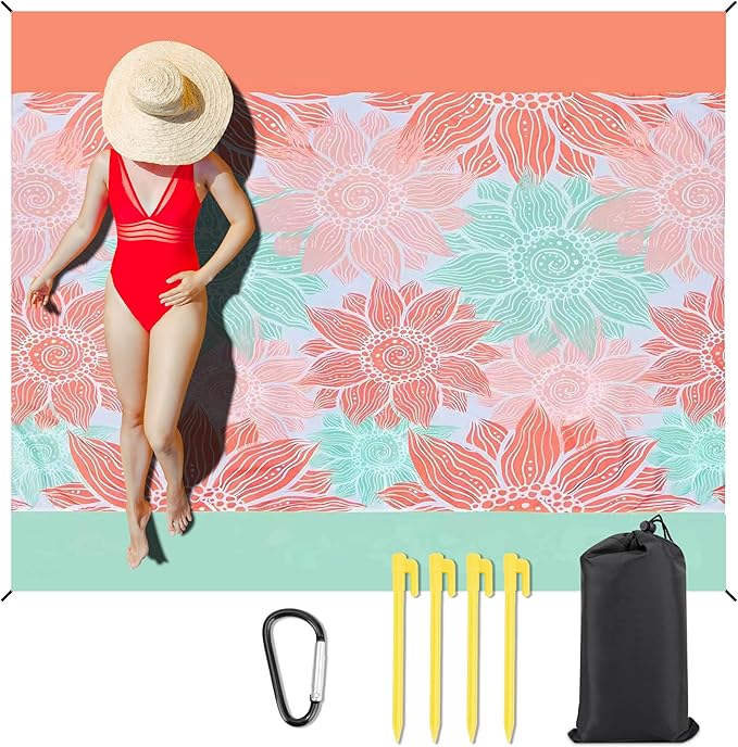 Omoojee Beach Blanket Waterproof Sandproof, 87" X 71" Beach Mat for Outdoor Beach, Picnic, Camping, Hiking (Pink Flower)