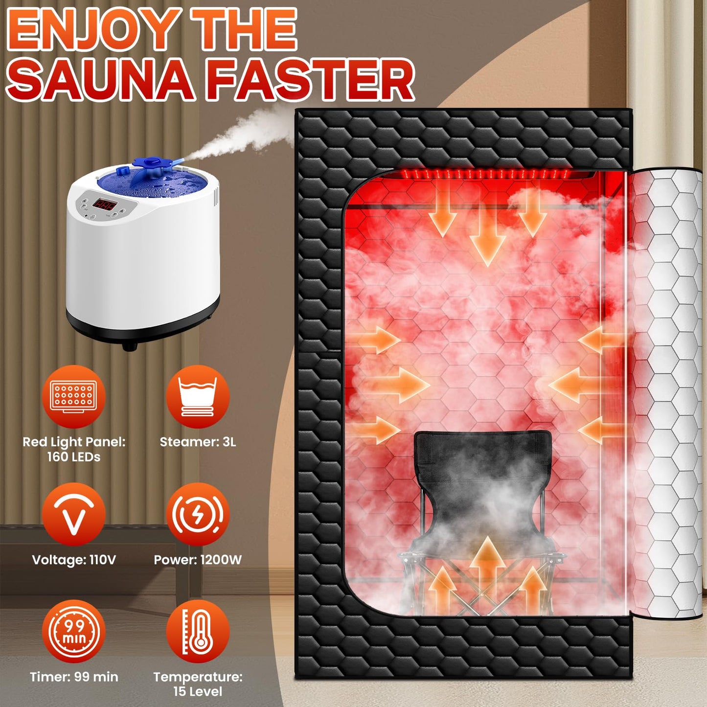 bsdonte Portable Sauna for Home, Infrared Sauna, Upgraded 160 LEDs Red Light Sauna Box, Steam Saunas Tent with 3L Steamer, 15 Temp Levels & 99 Min Timer for Indoor Spa, Relaxation, Detoxification