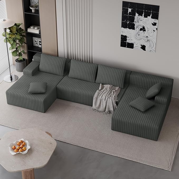 LAUSAINT HOME 132" Modular Sectional Sofa Couches, U-Shaped Boneless Cloud Sofa with 4 Deep Seat, 6 Cushiones Oversized Chaise for Living Room, Bedroom, Plush Corduroy Fabric (U Shaped Sofa, Grey)