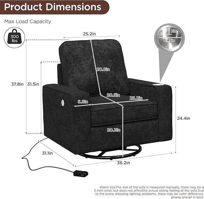Swivel Square Accent Chair with Wide Armrests,360° Rotating Comfy Single Sofa Chairs with USB/Type-C,Cup Holder & Side Pocket,Modern Armchair for Living Room Bedroom Reading Lounge Nook,Dark Grey | Swivel Accent Chair, with USB/Type-C, Cup Holder, Side...