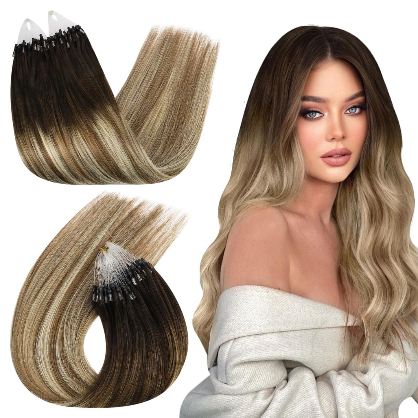 Ugeat Balayage Micro Bead Hair Extensions Real Human Hair Ash Brown Micro Link Hair Extensions Human Hair Micro Loop Dark Brown