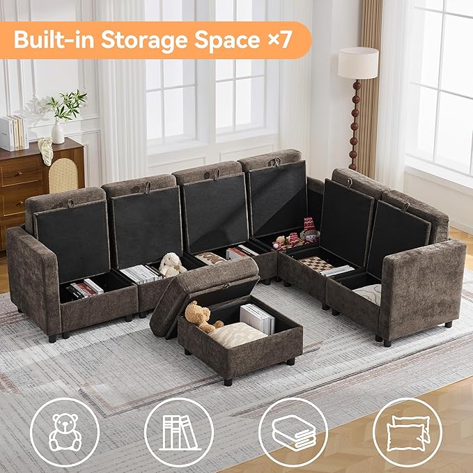 104'' V Shaped Modular Sofa, Sectional Couch with Storage for Living Room, Modern 7 Seater Cloud Sectional Couch with Movable Ottoman, Chenille Brown
