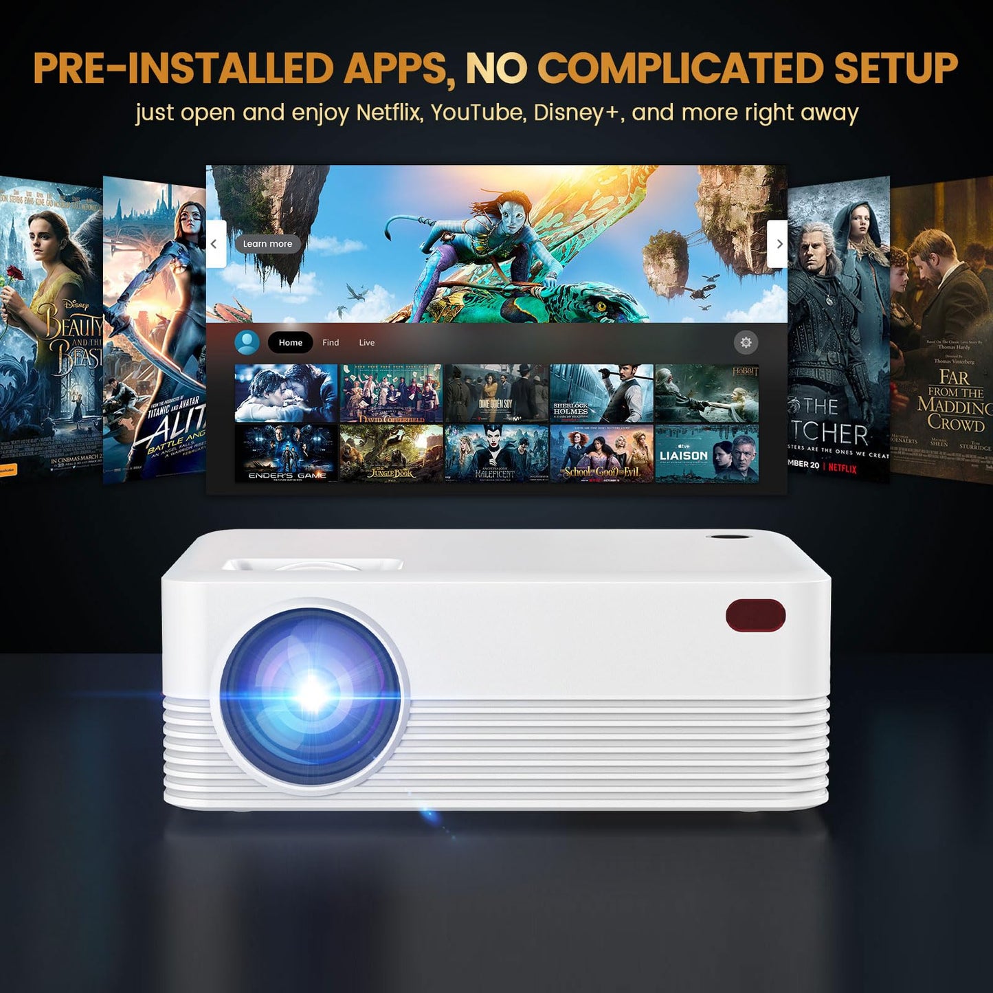 【Native 1080P】 Dreamfair Projector with WiFi and Bluetooth, 240ANSI Support 8K, Portable Projector with Rack, 40"-200" Screen Video, Compatible with Smartphone, TV Stick, Laptop, HDMI, USB（White）
