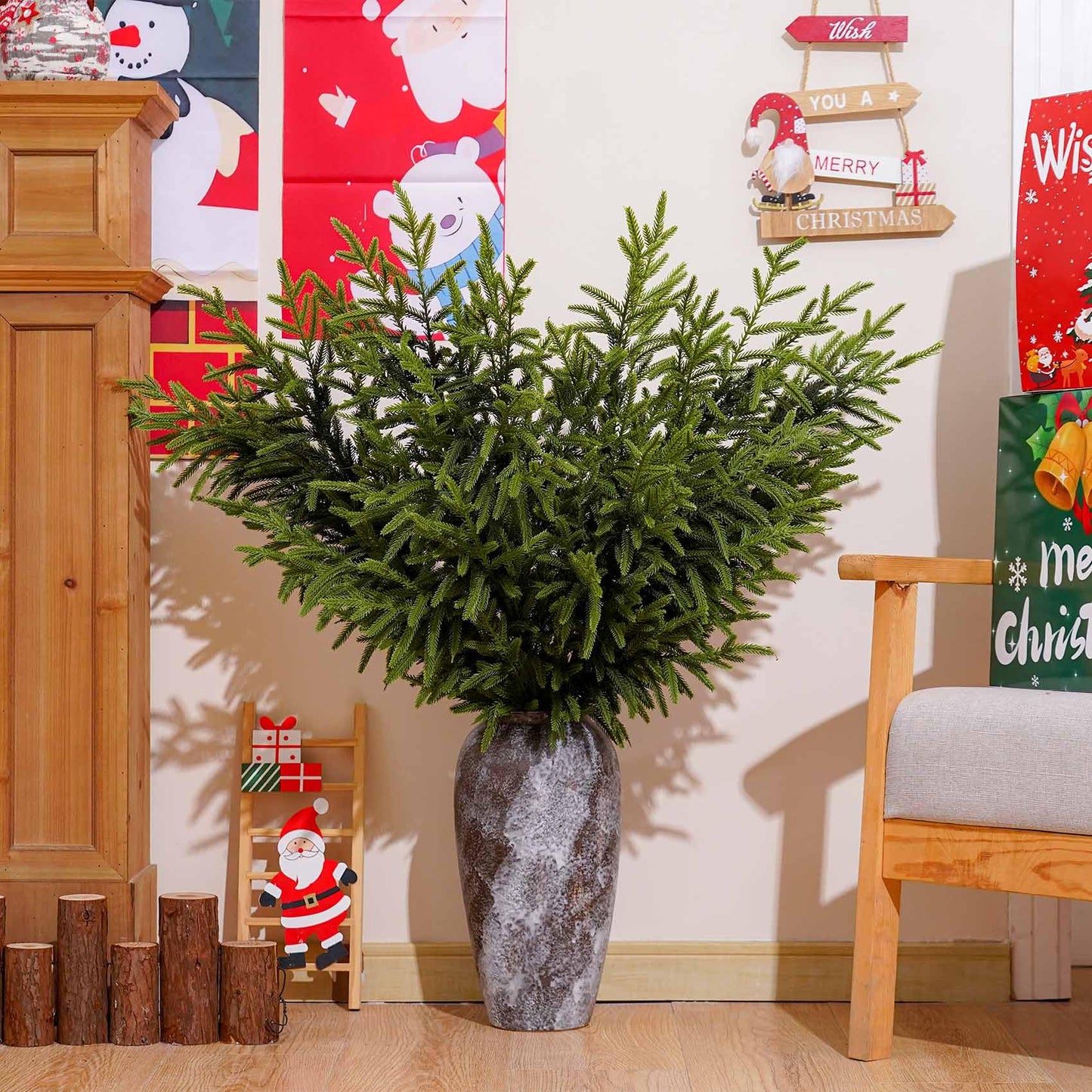 LATIHUUM 6 Pcs Christmas Norfolk Pine Branches - 36" Artificial Norfolk Branch Faux Stem Greenery Pine Picks for Vase DIY Crafts Garland Wreath Xmas Indoor Outdoor Home Decor