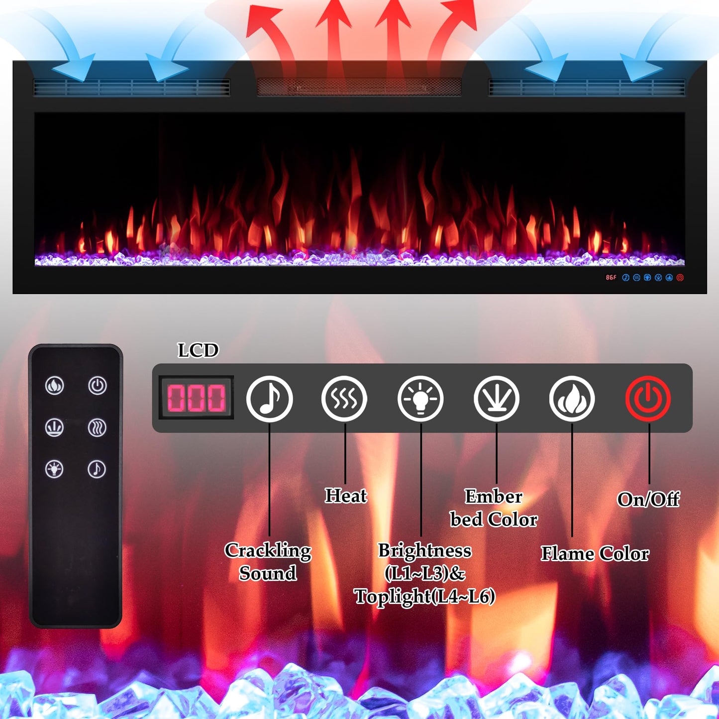 88 inch Electric Fireplace Heater, WiFi-Enabled Control via Alexa& App, Recessed and Wall Mounted Fireplace Insert w/Multicolor Realistic Flame Effects,Crackling Sound and Loget, 5100Btus, Black