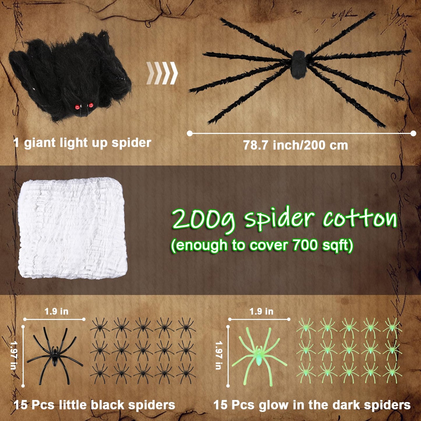 Yinhua Lighted Halloween Decorations 78" Giant Light Up Spider Halloween Decor 700 Sqft Super Stretchy Spider Web Decoration with 30 Extra Small Fake Spiders Large Cobwebs for Indoor and Outdoor