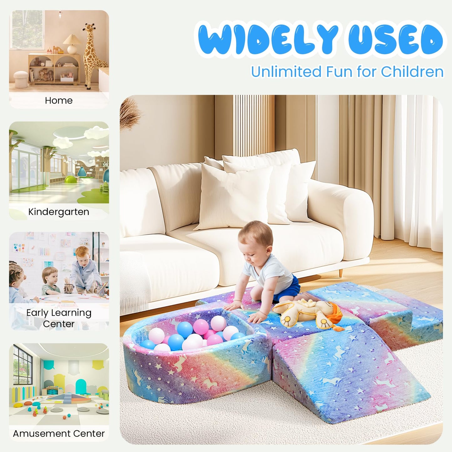 Lamerge Kids Couch, 5-in1 Modular Sectional Toddler Playing Sofa, Glow-in-The-Dark Convertible Foam Couch, Multi-Combination, Ages 1-6, Develop Hands-on Skills and Imagination (Color Unicorn, A)