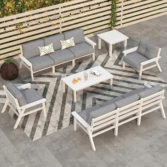 Patio Kingdom 10 Piece Outdoor Patio Furniture Set, Outdoor Couch with Washable Thick Gray Cushions, Coffee Table & Side Table, Patio Conversation Sets for Lawn, Garden, Porch, Balcony (White Frame)