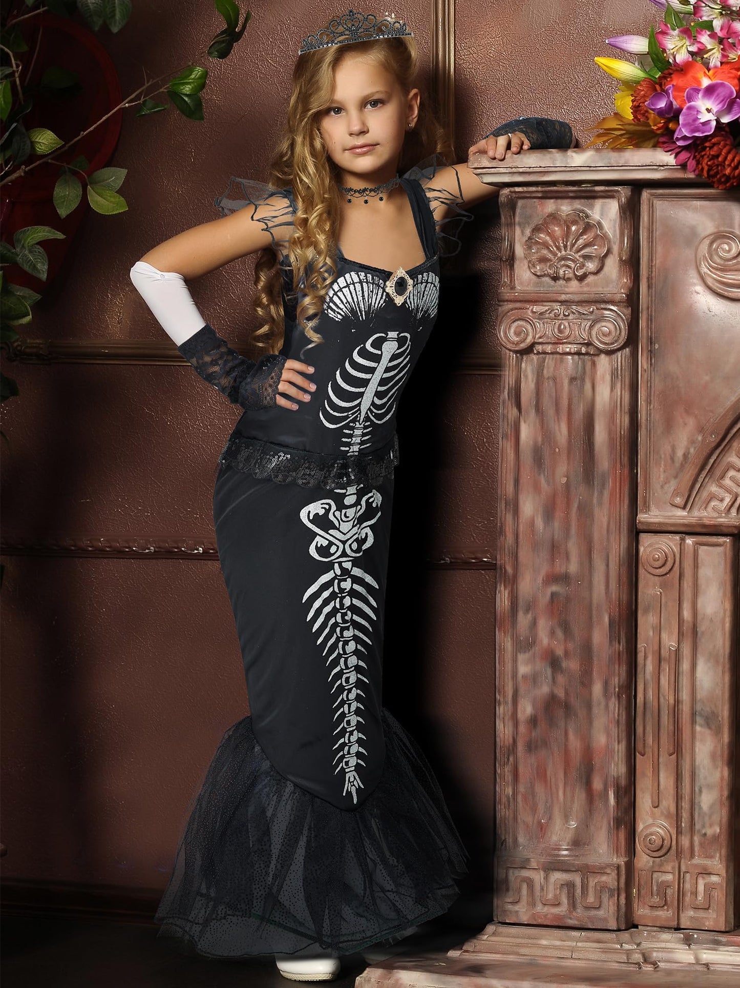 Liitrsh 6 Pcs Girls Halloween Skeleton Costume for Kids Fishtail Mermaid Dress with Accessories for Toddler Cosplay(8,Black)