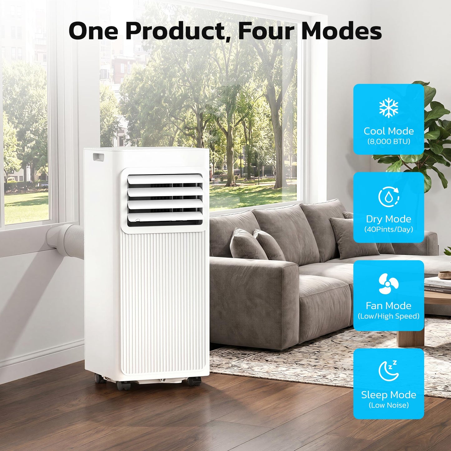 8000 BTU Portable Air Conditioners for Rooms up to 450 Sq Ft, 4 Modes Portable AC Unit with Remote Control & 24H Timer, Cool/Fan/Dry/Sleep, Installation Kits & Energy Saving for Bedroom, Apartments