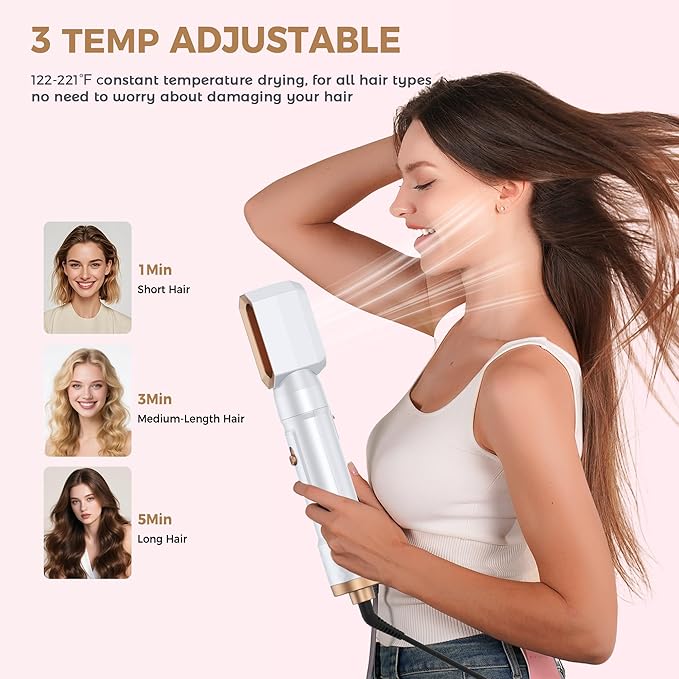 6 in 1 Air Styler Magic Hair Dryer Brush, Negative Ionic Blow Dryer Brush & 3 Heat Settings, Detachable Auto Curling & Straightening Volumizing, Frizz-Free Styling, Salon to Home Use (White-Pink)