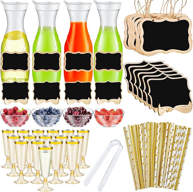 Mumufy 82 Pcs Mimosa Bar Supplies 34 oz Plastic Water Carafe with Lids Plastic Champagne Flutes Pitchers for Drinks with S...