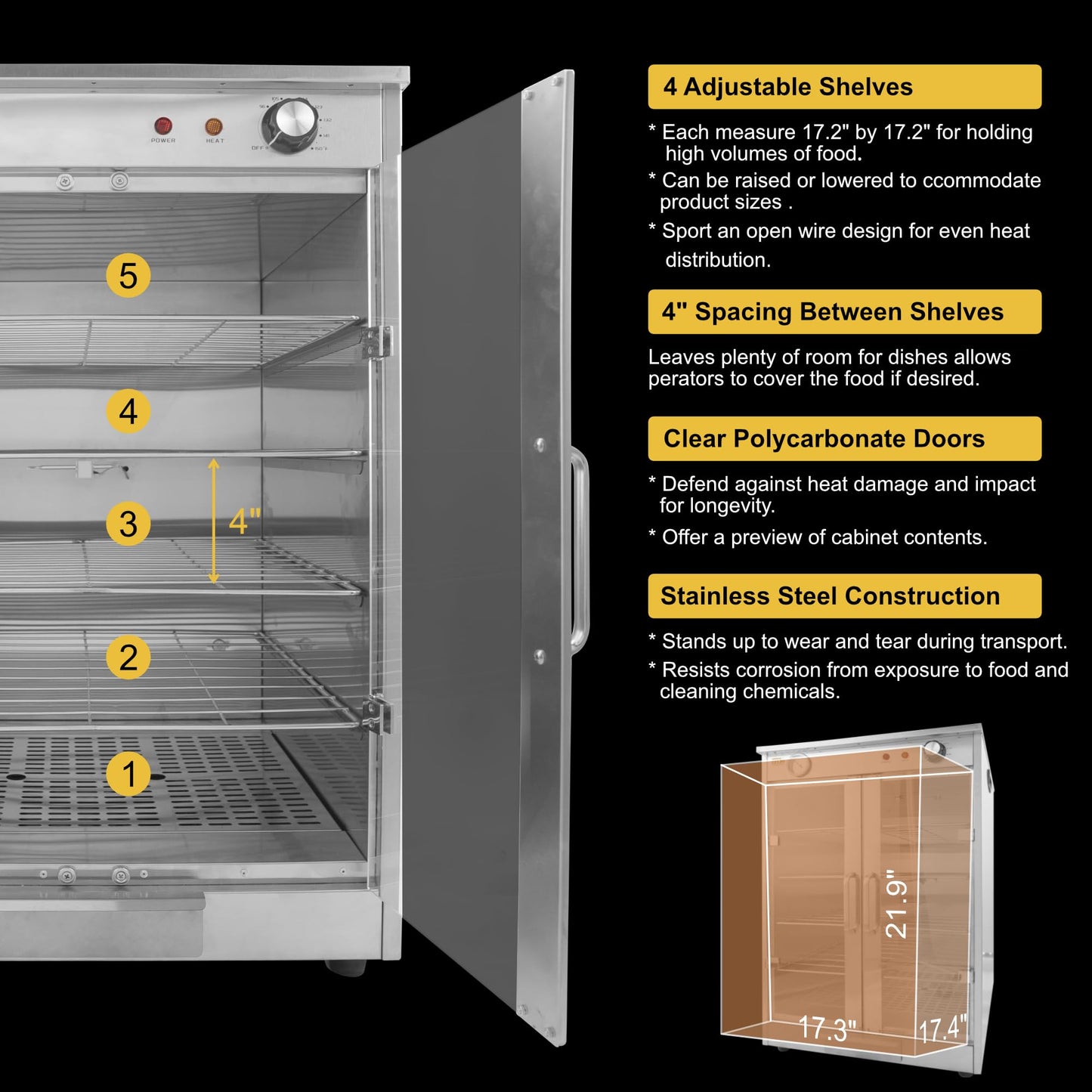 5-Shelf Electric Hot Box Food Warmer Accommodating up to (10) 16" Pizza Boxes, Countertop Heated Holding Cabinet for Pretzels, Warming Machine for Home Commercial Use, w/Water Drawer, 120V 600W
