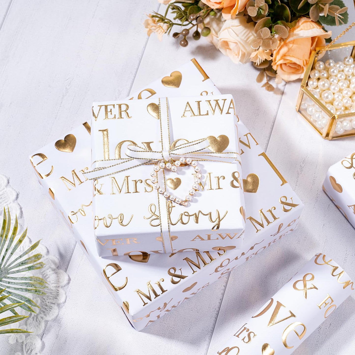 RUSPEPA Wedding Wrapping Paper Large Roll, Jumbo Roll, White and Gold Foil Love & Mr & Mrs Design, Romantic Gift Wrap for Wedding, Bridal Shower, Anniversary, Engagement, 30 Inches x 16.4 Feet