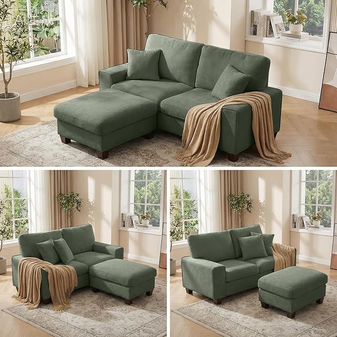 DOPEDIO L-Shaped Sectional Sofa with Storage Ottoman, Modern Chenille Recliner Loveseat, Removable Couch Covers, Pocket Spring Cushions, Solid Wood Frame, Easy to Install (71.25inch, Green)