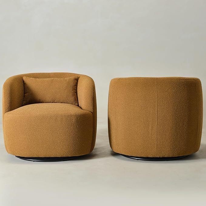 KINWELL 34" Wide Boucle Swivel Barrel Chairs Set of 2, No Assembly Round Upholstered Armchairs Accent Chairs Single Sofa Chair with Toss Pillow for Living Room and Bedroom, Brown