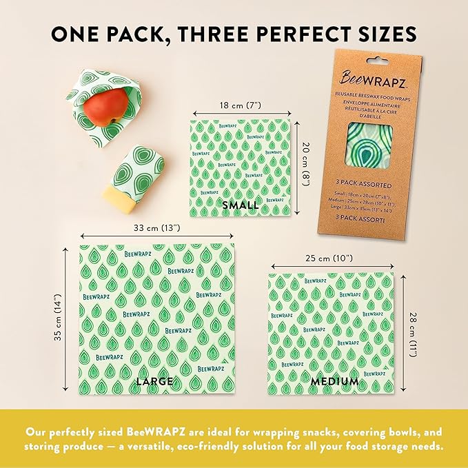 BeeWRAPZ Reusable Beeswax Wraps for Food | Eco Friendly & Organic | Eco-Friendly & Plastic-Free Food Storage | Biodegradable |Pack of 3 Beeswax Food Wraps for Wrapping Fruits & Vegetables (Green)