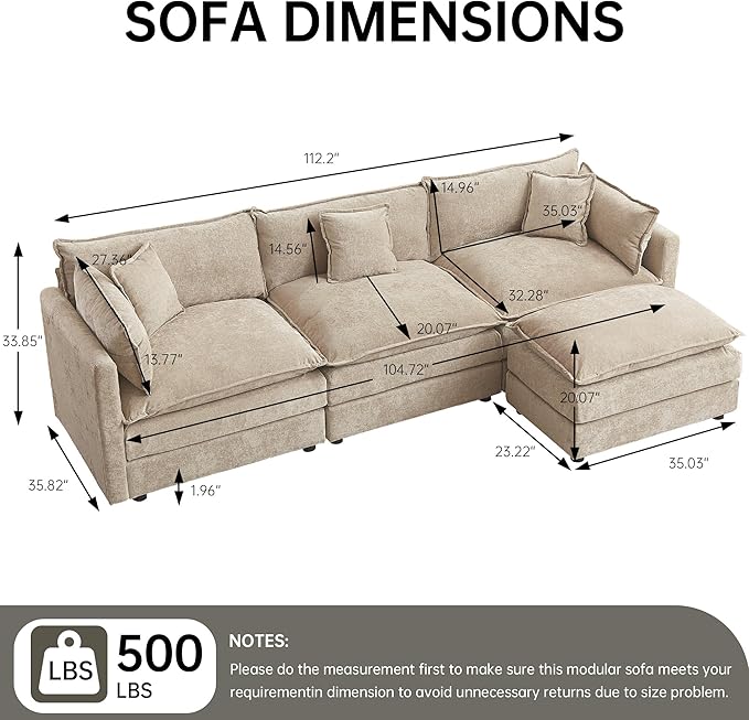 saows Modular Sectional Sofa, 112.2 Inch L Shaped Couch Set with Armrests, 3-Seater Comfy Cloud Couches for Living Room Apartment, Coffee