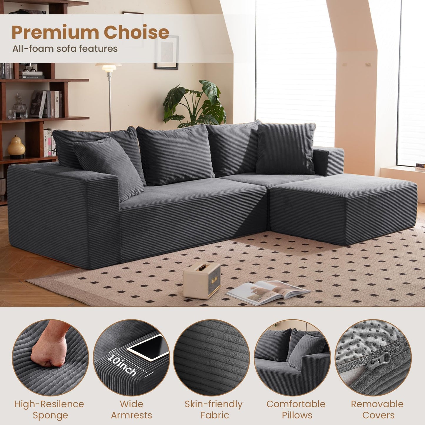 108" L-Shaped Boneless Couch, Modular Sectional Sofa with Moveable Ottoman, Corduroy Cloud Couches for Living Room, No Assembly, Ship in a Box, Ash Gray