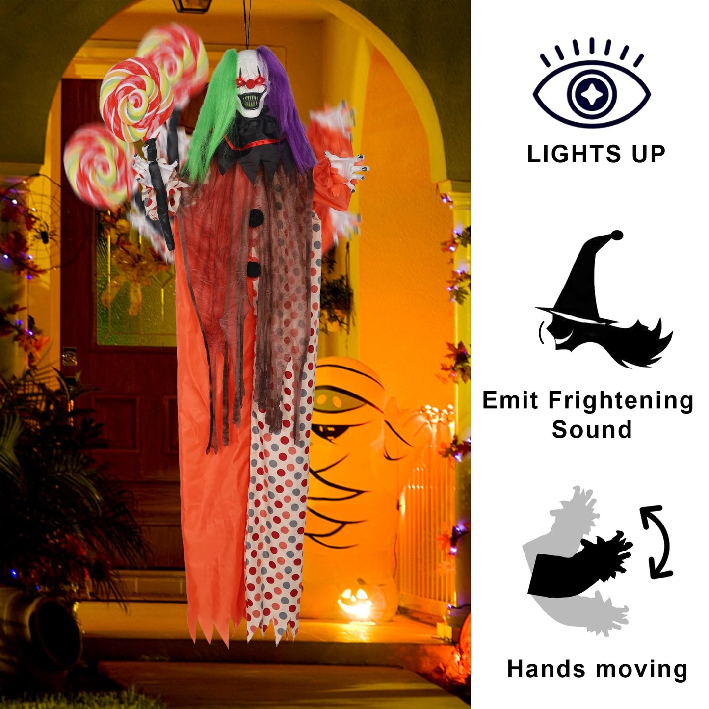 Prsildan Halloween Hanging Clown Decorations Outdoor Scary Animated Clown Halloween Props with Creepy Sound, Motion Activated, Red Light Up Eyes for Indoor Outside Yard Holiday Décor