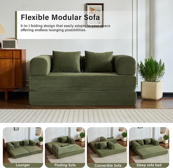 59" Folding Convertible Sofa Bed, Small 2-Seater Sofa Corduroy Futon Floor Couch with Pull-Out Sleeper, Boneless Loveseat for Small Spaces, Home Office, Apartment-Friendly (Light Green)