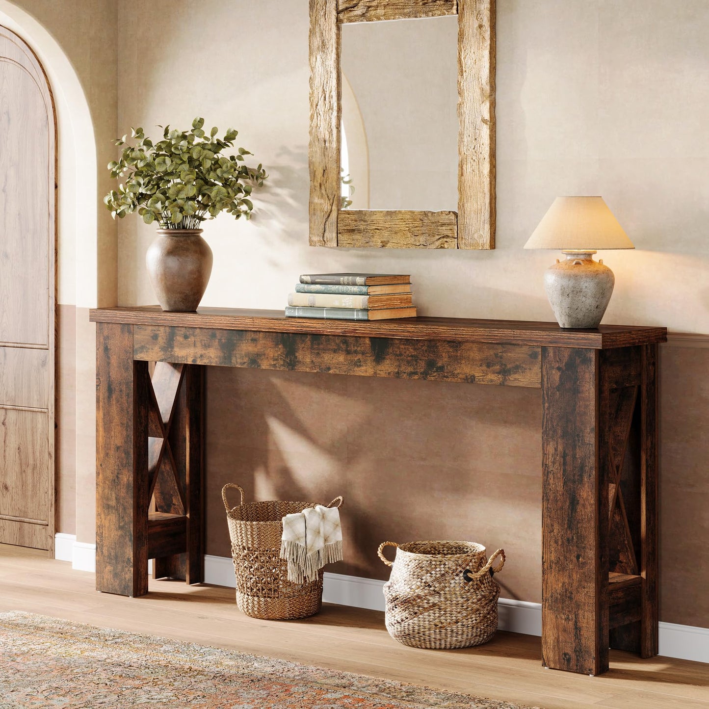 Tribesigns 70.9" Extra Long Console Table, Farmhouse Narrow Long Entryway Table with H-Shaped Legs for Living Room, Hallway, Rustic Brown
