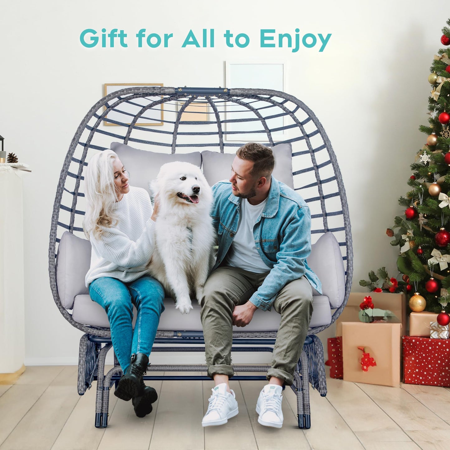 Outdoor Double Egg Chair Patio Chairs - 500lbs Capacity for 2 Person, Oversized Wicker Rocking Glider Chair with Steel Stand, Hand-Woven Lounge Chair Nest Loveseat for Indoor, Porch, Backyard, Balcony