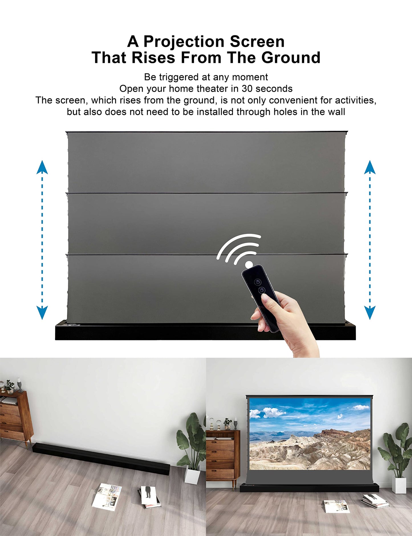 VIVIDSTORM-Projector Screen,Long Focus Ambient Light Rejecting Screen,Black Housing Motorized Floor-Rising Projection Screen,Suitable for Lumen up to 2500ANSI of Normally Projector,VSDSTALR135H