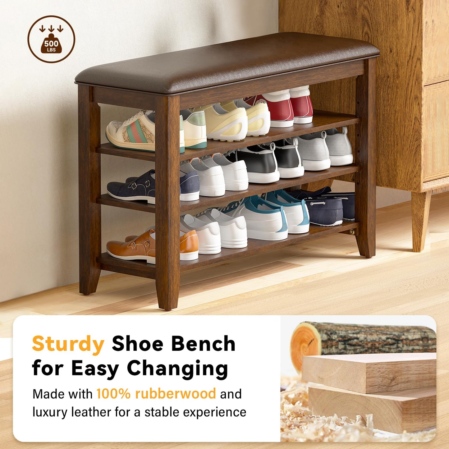 Taitiy Shoe Bench Storage Rubberwood with Leather Cushion for Entryway Bench Ideal for Hallways Shoe Rack Front Doors Entrances Mudrooms Featuring 3 Height-Adjustable and Removable Shelves