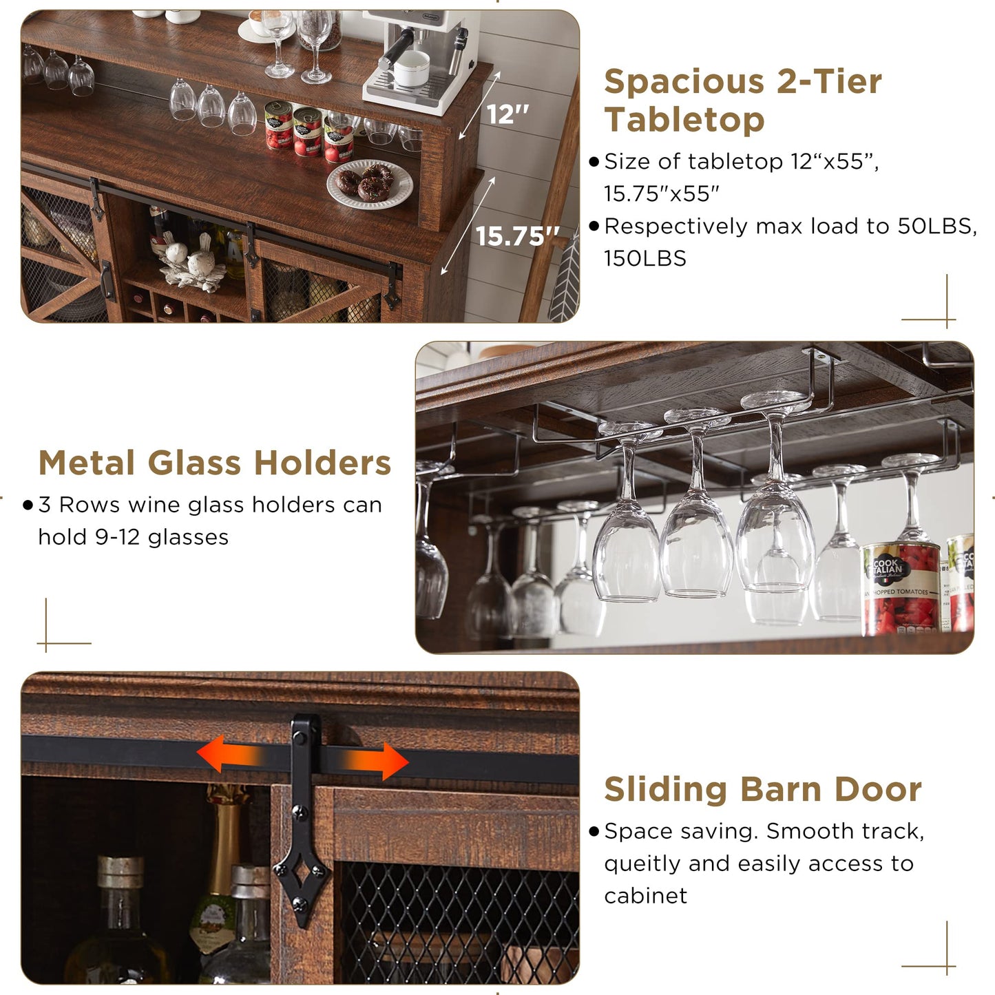 OKD Farmhouse Coffee Bar Cabinet with LED Lights, 55" Wine Bar w/Sliding Barn Door & Wine and Glass Rack, Kitchen Buffet Cabinet w/Storage Shelves for Dining Room,Reclaimed Barnwood
