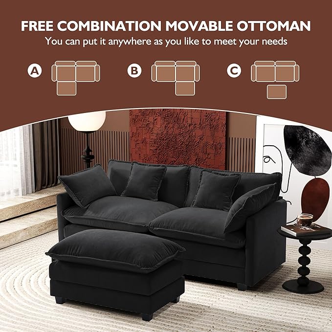 Ihanherry 77" L Shaped Modern Sofa Modular Sectional Cloud Couch with Ottoman, 3-Seat Chenille Deep Seat Sofa with Pillow for Living Room, Bedroom and Apartment, Black
