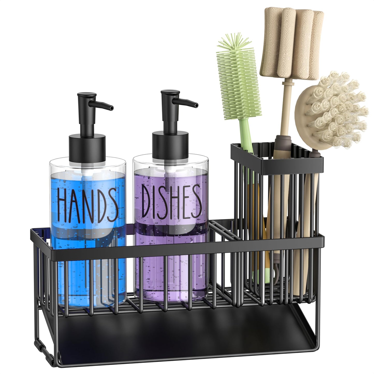 MASADI Kitchen Dish Soap Dispenser Set with Sponge Holder, 12OZ Glass Bottle, Hand and Dish Soap Dispenser Set, Non-Slip Silicone Pad, Brush Holder, Kitchen Sink Organizer Countertop (Black+Clear)