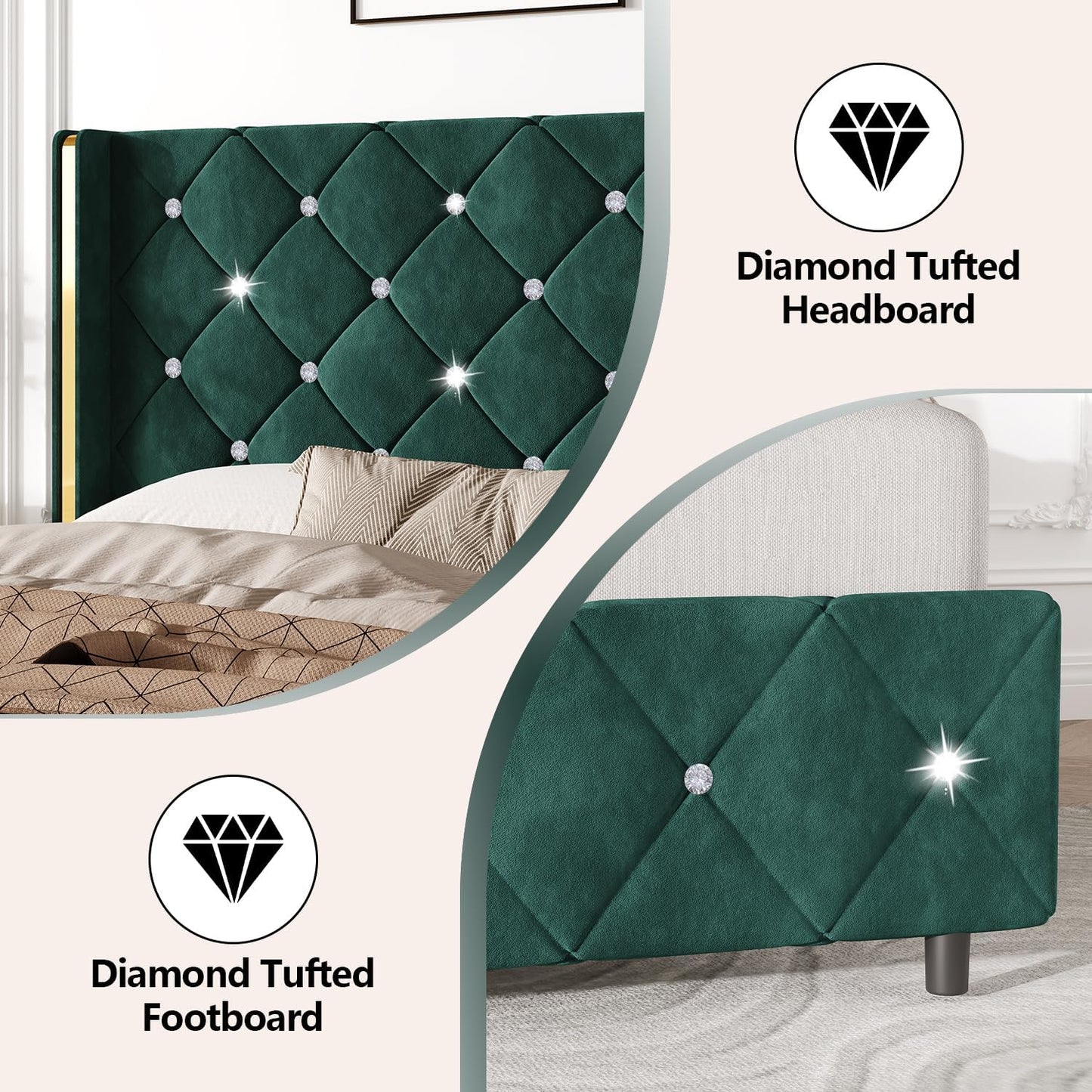 HOMBCK Twin Bed Frame with Headboard and Wingback, Upholstered Bed with Diamond Tufted Design, Kids Bed Frame with Wooden Slats Support, No Box Spring Required, Easy Assembly, Green